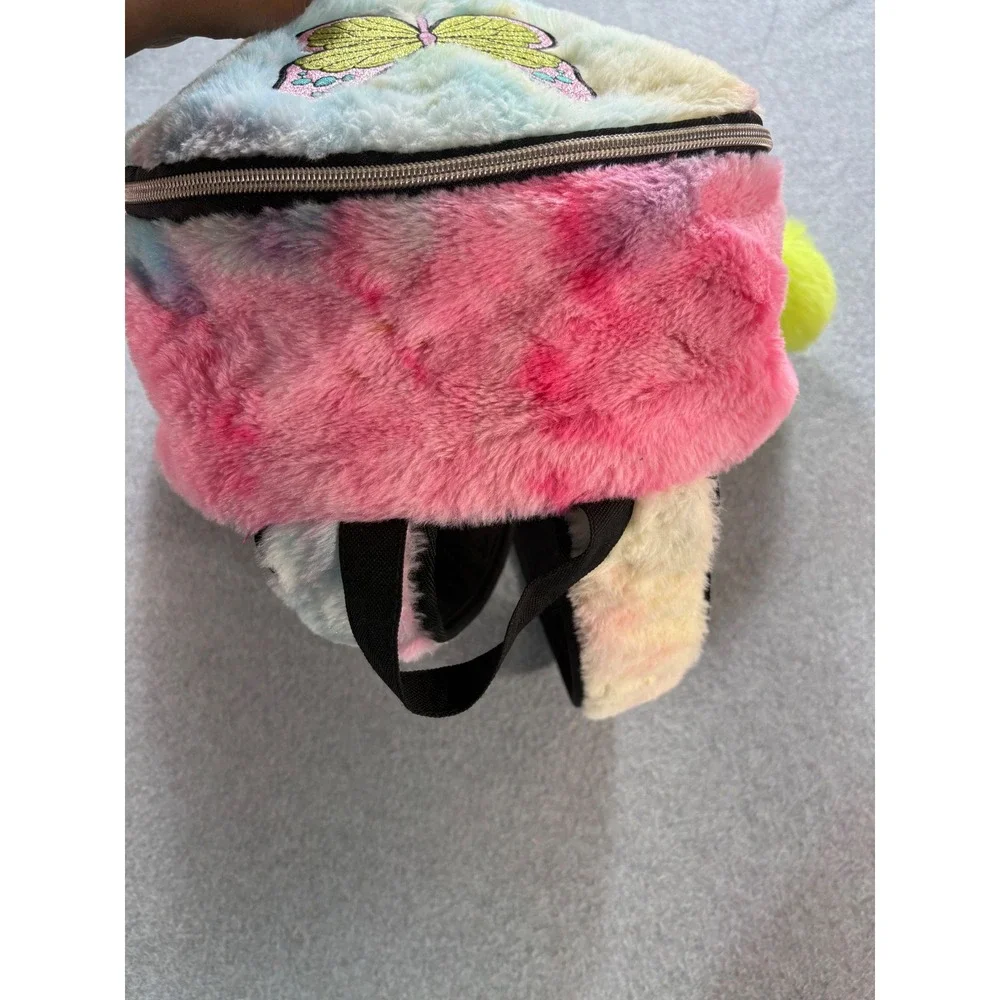 Justice Girls Rainbow Tie Dye‎ Faux Fur Butterfly Backpack with Pom Pom Keychain